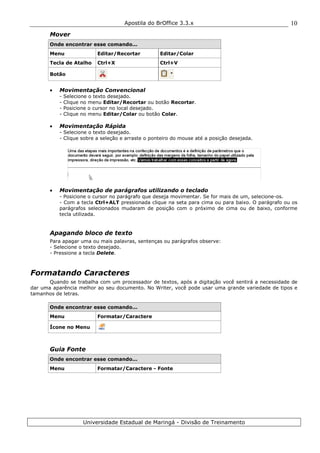 Apostila do BrOffice 3.3.x
Universidade Estadual de Maringá - Divisão de Treinamento
10
Mover
Onde encontrar esse comando...
Menu Editar/Recortar Editar/Colar
Tecla de Atalho Ctrl+X Ctrl+V
Botão
• Movimentação Convencional
- Selecione o texto desejado.
- Clique no menu Editar/Recortar ou botão Recortar.
- Posicione o cursor no local desejado.
- Clique no menu Editar/Colar ou botão Colar.
• Movimentação Rápida
- Selecione o texto desejado.
- Clique sobre a seleção e arraste o ponteiro do mouse até a posição desejada.
• Movimentação de parágrafos utilizando o teclado
- Posicione o cursor no parágrafo que deseja movimentar. Se for mais de um, selecione-os.
- Com a tecla Ctrl+ALT pressionada clique na seta para cima ou para baixo. O parágrafo ou os
parágrafos selecionados mudaram de posição com o próximo de cima ou de baixo, conforme
tecla utilizada.
Apagando bloco de texto
Para apagar uma ou mais palavras, sentenças ou parágrafos observe:
- Selecione o texto desejado.
- Pressione a tecla Delete.
Formatando Caracteres
Quando se trabalha com um processador de textos, após a digitação você sentirá a necessidade de
dar uma aparência melhor ao seu documento. No Writer, você pode usar uma grande variedade de tipos e
tamanhos de letras.
Onde encontrar esse comando...
Menu Formatar/Caractere
Ícone no Menu
Guia Fonte
Onde encontrar esse comando...
Menu Formatar/Caractere - Fonte
 