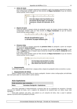 Apostila do BrOffice 3.3.x
Universidade Estadual de Maringá - Divisão de Treinamento
15
Antes do texto
Caixa que define a margem esquerda do parágrafo a partir da margem esquerda da página.
Essa configuração também pode ser feita através da Régua horizontal só que de maneira
menos precisa, como a seguir:
Depois do texto
Caixa que define a margem direita do parágrafo a partir da margem direita da página. Essa
configuração também pode ser feita através da Régua horizontal só que de maneira
menos precisa, como a seguir:
Primeira linha
Caixa que define a margem esquerda da primeira linha do parágrafo a partir da margem
do parágrafo (Antes do texto).
OBS. Caso a margem seja à esquerda da margem do parágrafo (Antes do texto), o seu
valor é negativo. Caso a margem seja à direita da margem do parágrafo (Antes do texto),
o seu valor é positivo.
Essa configuração também pode ser feita através da Régua horizontal só que de maneira
menos precisa, como a seguir:
• Espaçamento
Utilize essa opção para determinar o espaço antes e depois do parágrafo onde se encontra o cursor.
• Espaçamento de linhas
Define o espaço entre cada linha do mesmo parágrafo. Existem várias configurações pré-definidas
que você pode optar ou mesmo definir outros valores.
Guia Capitulares
Onde encontrar esse comando...
Menu Formatar/Parágrafo –Capitulares
Uma letra capitulada é tradicionalmente a primeira letra de um parágrafo em tamanho e formato
diferente do restante do texto, com o objetivo de destacá-la do conjunto para um efeito visual mais
agradável.
Você pode capitular uma letra, uma palavra ou um conjunto de texto, mas o usual é capitular
apenas a primeira letra do parágrafo principal.
 