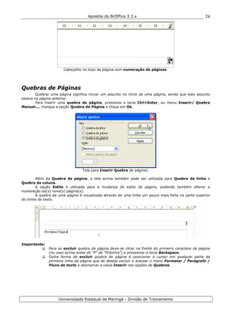 Apostila do BrOffice 3.3.x
Universidade Estadual de Maringá - Divisão de Treinamento
24
Cabeçalho no topo da página com numeração de páginas.
Quebras de Páginas
Quebrar uma página significa iniciar um assunto no início de uma página, sendo que este assunto
estava na página anterior.
Para inserir uma quebra de página, pressione a tecla Ctrl+Enter, ou menu Inserir/ Quebra
Manual..., marque a opção Quebra de Página e clique em Ok.
Tela para Inserir Quebra de página|.
Além da Quebra de página, a tela acima também pode ser utilizada para Quebra de linha e
Quebra de coluna.
A opção Estilo é utilizada para a mudança de estilo de página, podendo também alterar a
numeração da(s) nova(s) página(s).
A quebra de uma página é visualizada através de uma linha um pouco mais forte na parte superior
do limite de texto.
Importante:
Para se excluir quebra de página deve-se clicar na frente do primeiro caractere da página
(no caso acima antes do “P” de “Próxima”) e pressionar a tecla Backspace.
Outra forma de excluir quebra de página é posicionar o cursor em qualquer parte da
primeira linha da página que de deseja excluir e acessar o menu Formatar / Parágrafo /
Fluxo do texto e desmarcar a caixa Inserir nas opções de Quebras.
 
