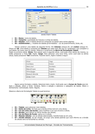 Apostila do BrOffice 3.3.x
Universidade Estadual de Maringá - Divisão de Treinamento
30
Janela Inserir Tabela
• 01 – Nome: nome da tabela;
• 02 – Tamanho: quantidade de Colunas e Linhas da tabela;
• 03 – Opções: como a tabela deverá se comportar se passar para outras páginas;
• 04 – Autoformatar...: modelos de tabelas já formatados – cor de preenchimento, fonte, etc.
Vamos construir uma tabela da seguinte forma: Em Colunas coloque 02, em Linhas coloque 01.
Clique em Ok. Uma tabela é composta por Células que nada mais são que os “quadrados” que compõem a
sua tabela. No nosso caso 02 células. Observe o surgimento da Barra de Formatação Tabela.
Digite na primeira célula: Nome. Para passar para a segunda célula, você pode clicar dentro da mesma, ou
então pressionar a Tecla Tab. Digite: Cargo. Para adicionar uma nova linha, como você está na última
célula, basta pressionar Tab novamente. Fazendo assim, digite a tabela a seguir:
Agora vamos formatar a tabela. Selecione todo o texto. Você pode usar o Cursor de Texto para tal.
Após a seleção, altere a fonte: Verdana. Retire a seleção e selecione o cabeçalho da tabela. Altere o
Alinhamento: Centralizado. Estilo: Negrito.
Observe a Barra de Formatação Tabela na qual teremos:
• 01 – Tabela: para adicionar mais tabelas;
• 02 – Estilo de Linha: formato que a borda (linha) terá em uma célula;
• 03 – Cor da Linha (da borda): para modificar a cor que envolve a célula;
• 04 – Bordas: para aplicar ou retirar bordas nas células;
• 05 – Cor do Plano de Fundo: aplica cor à célula;
• 06 – Mesclar Células: une as células selecionadas, transformado-as em uma;
• 07 – Dividir Células: ao ser clicado, irá surgir uma Janela pedindo que você informe se a divisão
de células será na horizontal ou vertical;
01
02
03
04
1 2 3 4 5 6 7 8
12 13 14119 10
 