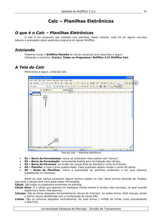 Apostila do BrOffice 3.3.x
Universidade Estadual de Maringá - Divisão de Treinamento
33
Calc – Planilhas Eletrônicas
O que é o Calc – Planilhas Eletrônicas
O Calc é um programa que trabalha com planilhas. Neste módulo, você irá ver alguns recursos
básicos e avançados deste poderoso programa do pacote BrOffice.
Iniciando
Podemos iniciar o BrOffice Planilha de várias maneiras como descritas a seguir:
Utilizando o caminho: Iniciar/ Todos os Programas/ BrOffice 3.3/ BrOffice Calc.
A Tela do Calc
Mostramos a seguir, a tela do Calc :
Tela do Calc – Planilha Eletrônica
• 01 – Barra de Ferramentas: reúne os comandos mais usados nos “menus”;
• 02 – Barra de Formatação: compreende botões para formatação das células;
• 03 – Barra de Fórmulas: se divide nas caixas Área da Planilha e Linha de Entrada;
• 04 – Planilha: é toda a área quadriculada. Cada quadrado destes recebe o nome de célula;
• 05 – Guias de Planilhas: indica a quantidade de planilhas existentes e em qual estamos
trabalhando no momento.
Antes de tudo vamos esclarecer alguns termos usados no Calc. Estes termos deverão ser fixados,
pois todo o estudo terá como base estas informações.
Célula: São todos os quadrados existentes na planilha;
Célula Ativa: É a célula que aparece em destaque (fundo branco e bordas mais escuras), na qual quando
digitamos o texto nela aparece;
Colunas: São as letras dispostas horizontalmente (Guias de Colunas). Ao todos temos 1024 colunas, sendo
a última coluna identificada com a combinação de letras AMJ
Linhas: São os números dispostos verticalmente. Ao todo temos 1 milhão de linhas (mais precisamente
1.048.576).
01
02
03
04
05
 