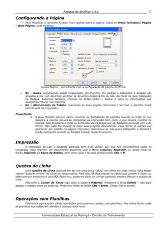 Apostila do BrOffice 3.3.x
Universidade Estadual de Maringá - Divisão de Treinamento
37
Configurando a Página
Para modificar o tamanho e obter mais opções sobre a página, clique no Menu Formatar/ Página
– Guia Página, onde teremos:
Janela Página – semelhante com a configuração de página do Writer
• 01 – Guias: compreende desde Organizador até Planilha. Por padrão o Cabeçalho e Rodapé são
ativados e por isso devemos verificar se devemos desativá-los ou não. Ao clicar na guia Cabeçalho
ou Rodapé, podemos também, clicando no Botão Editar..., digitar o texto ou informações que
desejamos colocar nos mesmos;
• 02 – Alinhamento da Tabela: marcando as duas opções Horizontal e Vertical, a planilha ficará
centralizada na impressão.
Importante:
A Guia Planilha oferece vários recursos de formatação da planilha quando se trata de que
maneira a mesma deverá se comportar na impressão bem como o que deverá mostrar na
mesma. Não mostramos todos os comandos desta janela por ser bastante parecida com a do
Writer. Mas nada lhe impede de fazer suas próprias descobertas. Para retirar as opções que
aparecem por padrão na página impressa, desmarque-as nas guias Cabeçalho e Rodapé a
opção Cabeçalho ativado ou Rodapé ativado respectivamente.
Impressão
A impressão do Calc é bastante parecida com a do Writer, por isso não mostraremos todos os
comandos. Para imprimir um documento, podemos usar o Menu Arquivo/ Imprimir, ou ainda clicar no
Botão Imprimir da Barra de Botões, bem como usar o teclado pressionando Ctrl + P.
Quebra de Linha
Uma Quebra de Linha consiste em ter em uma única célula, um texto em duas linhas. Para testar
vamos “quebrar a linha” do título de nossa tabela. Para isto, dê dois cliques na célula que contem o título, ou
selecione-a e pressione a tecla F2. Feito isto, podemos além de corrigir palavras erradas efetuar a quebra de
linha.
Posicione o Cursor de Texto logo após a palavra Material. Pressione a tecla Delete – isto para
apagar o espaço entre as palavras. Pressione então as teclas Ctrl + Enter. Clique fora e pronto.
Operações com Planilhas
Falaremos agora sobre várias operações que podemos realizar com planilhas. Mas antes feche todas
as planilhas que estiverem abertas e coloque uma nova:
01
02
 