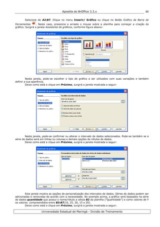 Apostila do BrOffice 3.3.x
Universidade Estadual de Maringá - Divisão de Treinamento
48
Selecione de A2:B7. Clique no menu Inserir/ Gráfico ou clique no Botão Gráfico da Barra de
Ferramentas . Neste caso, pressione e arraste o mouse sobre a planilha para começar a criação do
gráfico. Surgirá a janela Assistente de gráficos, conforme figura abaixo:
Nesta janela, pode-se escolher o tipo de gráfico a ser utilizados com suas variações e também
definir a sua aparência.
Deixe como está e clique em Próximo, surgirá a janela mostrada a seguir:
Nesta janela, pode-se confirmar ou alterar o intervalo de dados selecionados. Pode-se também se a
série de dados será em linhas ou colunas e demais opções de rótulos de dados.
Deixe como está e clique em Próximo, surgirá a janela mostrada a seguir:
Esta janela mostra as opções de personalização dos intervalos de dados. Séries de dados podem ser
adicionadas e removidas de acordo com a necessidade. No exemplo acima, a gráfico será baseados na série
de dados quantidade que possui o nome/rótulo a célula B2 da planilha (“Quantidade”) e como valores de Y
os valores compreendidos entre B3:B7(10, 25, 30, 15 e 20).
Deixe como está e clique em Próximo, surgirá a janela mostrada a seguir:
 