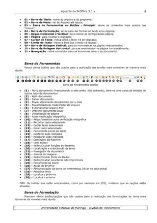 Apostila do BrOffice 3.3.x
Universidade Estadual de Maringá - Divisão de Treinamento
4
• 01 – Barra de Título: nome do arquivo e do programa;
• 02 – Barra de Menu: vai de Arquivo até Ajuda;
• 03 – Barra de Ferramentas ou Botões - Principal: reúne os comandos mais usados nos
“menus”;
• 04 – Barra de Formatação: serve para dar formas ao texto e/ou objetos;
• 05 – Régua Horizontal e Vertical: para indicar as configurações página;
• 06 – Página: para receber a digitação;
• 07 – Cursor de Texto: indica onde o texto irá ser digitado;
• 08 – Limite de Texto: indica a área que o texto irá ocupar;
• 09 – Barra de Rolagem Vertical: para se movimentar na página verticalmente;
• 10 – Barra de Rolagem Horizontal: para se movimentar na página horizontalmente;
• 11 – Navegação: reúne comandos para se locomover dentro do documento.
Barra de Ferramentas
Possui vários botões que são usados para a realização das tarefas mais rotineiras de maneira mais
rápida.
Barra de Ferramentas padrão
• (1) – Novo documento: Pressionando a seta preta (não soltando), abre-se uma caixa de seleção de
outros tipos de documentos
• (2) – Abrir documento
• (3) – Salvar documento
• (4) – Enviar documento diretamente por e-mail
• (5) – Ativar/desativar modo Editar do arquivo
• (6) – Exportar/criar arquivo PDF
• (7) – Imprimir documento atual
• (8) – Visualização de página
• (9) – Fazer verificação ortográfica
• (10) – Ativar/desativar auto verificação ortográfica
• (11) – Recortar texto selecionado
• (12) – Copiar texto selecionado
• (13) – Colar texto selecionado
• (14) – Ferramenta pincel de estilo
• (15) – Desfazer ação realizada
• (16) – Restaurar ação realizada
• (17) – Operações de hiperlink
• (18) – Criar tabela
• (19) – Exibir/Ocultar funções de desenho
• (20) – Localização e substituição de texto
• (21) – Navegador de documento
• (22) – Galeria de imagens
• (23) – Exibir/Ocultar Fonte de Dados
• (24) – Exibir/Ocultar caracteres não imprimíveis
• (25) – Ferramenta de Zoom
• (26) – Ajuda do BrOffice
• (27) – Personalização da barra de ferramentas (clicar na seta preta)
• (28) – Pesquisa texto
• (29) – Localiza o próximo
• (30) – Localiza o anterior
OBS. Os botões que estão selecionados, como por exemplo em (10), mostram que as opções estão
ativadas.
Barra de Formatação
Possuem vários botões/opções que são usados para a realização das formatações de texto mais
rotineiras de maneira mais rápida.
1 2 3 4 5 6 7 8 9 10 11 12 16 1815 1713 14 19 20 21 22 23 24 25 26 27 3029
0
28
 