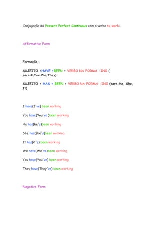 Conjugação do Present Perfect Continuous com o verbo to work:




Affirmative Form




Formação:

SUJEITO +HAVE +BEEN + VERBO NA FORMA -ING (
para:I,You,We,They)

SUJEITO + HAS + BEEN + VERBO NA FORMA -ING (para:He, She,
It)




I have(I've) been working

You have(You've )been working

He has(he's)been working

She has(she's)been working

It has(it's) been working

We have(We've)been working

You have(You've) been working

They have(They've) been working




Negative Form
 