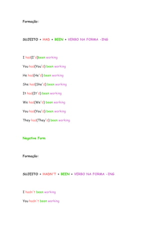 Formação:




SUJEITO + HAD + BEEN + VERBO NA FORMA -ING




I had(I'd)been working

You had(You'd) been working

He had(He'd) been working

She had(She'd) been working

It had(It'd) been working

We had(We'd) been working

You had(You'd) been working

They had(They'd) been working




Negative Form




Formação:




SUJEITO + HADN'T + BEEN + VERBO NA FORMA -ING




I hadn't been working

You hadn't been working
 