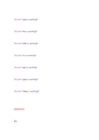 Wouldn’t you be working?




Wouldn’t he be working?




Wouldn’t she be working?




Wouldn’t it be working?




Wouldn’t we be working?




Wouldn’t you be working?




Wouldn’t they be working?




PERFEITO




Ex:
 