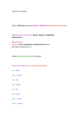one of her cousins
Qual a diferença entre possessive adjectives e possessive pronouns?
Os possessive adjectives devem sempre acompanhar
substantivos;
Os possessive
pronouns não acompanham substantivos(motivo
pelo qual recebem um s ).
Observe a tabela comparativa abaixo:
Possessive adjectives - Possessive pronouns
my - mine
your - yours
his - his
her - hers
its - its
our - ours
your - yours
their - theirs
 