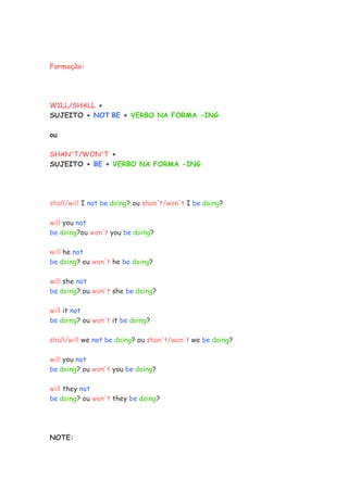 Formação:
WILL/SHALL +
SUJEITO + NOT BE + VERBO NA FORMA -ING
ou
SHAN'T/WON'T +
SUJEITO + BE + VERBO NA FORMA -ING
shall/will I not be doing? ou shan't/won't I be doing?
will you not
be doing?ou won't you be doing?
will he not
be doing? ou won't he be doing?
will she not
be doing? ou won't she be doing?
will it not
be doing? ou won't it be doing?
shall/will we not be doing? ou shan't/won't we be doing?
will you not
be doing? ou won't you be doing?
will they not
be doing? ou won't they be doing?
NOTE:
 
