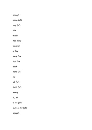 enough
some (of)
any (of)
the
many
too many
several
a few
very few
too few
each
none (of)
no
all (of)
both (of)
every
a, an
a lot (of)
quite a lot (of)
enough
 