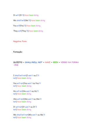 It will (It'll) have been doing
We shall/will(We'll) have been doing
You will(You'll) have been doing
They will(They'll) have been doing
Negative Form
Formação:
SUJEITO + SHALL/WILL NOT + HAVE + BEEN + VERBO NA FORMA
-ING
I shall/will not(I won't ou I'll
not) have been doing
You will not(You won't ou You'll
not) have been doing
He will not(He won't ou He'll
not) have been doing
She will not(She won't ou She'll
not) have been doing
It will not(It won't ou It'll
not) have been doing
We shall/will not(We won't ou We'll
not) have been doing
 