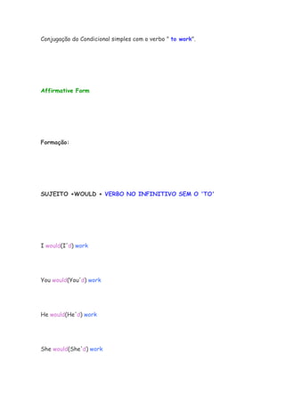 Conjugação do Condicional simples com o verbo " to work".
Affirmative Form
Formação:
SUJEITO +WOULD + VERBO NO INFINITIVO SEM O 'TO'
I would(I'd) work
You would(You'd) work
He would(He'd) work
She would(She'd) work
 