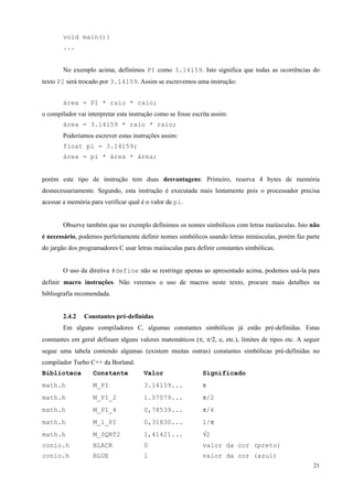 void main(){
...
No exemplo acima, definimos PI como 3.14159. Isto significa que todas as ocorrências do
texto PI será trocado por 3.14159. Assim se escrevemos uma instrução:
área = PI * raio * raio;
o compilador vai interpretar esta instrução como se fosse escrita assim:
área = 3.14159 * raio * raio;
Poderíamos escrever estas instruções assim:
float pi = 3.14159;
área = pi * área * área;
porém este tipo de instrução tem duas desvantagens: Primeiro, reserva 4 bytes de memória
desnecessariamente. Segundo, esta instrução é executada mais lentamente pois o processador precisa
acessar a memória para verificar qual é o valor de pi.
Observe também que no exemplo definimos os nomes simbólicos com letras maiúsculas. Isto não
é necessário, podemos perfeitamente definir nomes simbólicos usando letras minúsculas, porém faz parte
do jargão dos programadores C usar letras maiúsculas para definir constantes simbólicas.
O uso da diretiva #define não se restringe apenas ao apresentado acima, podemos usá-la para
definir macro instruções. Não veremos o uso de macros neste texto, procure mais detalhes na
bibliografia recomendada.
2.4.2

Constantes pré-definidas

Em alguns compiladores C, algumas constantes simbólicas já estão pré-definidas. Estas
constantes em geral definam alguns valores matemáticos (π, π/2, e, etc.), limites de tipos etc. A seguir
segue uma tabela contendo algumas (existem muitas outras) constantes simbólicas pré-definidas no
compilador Turbo C++ da Borland.
Biblioteca

Constante

Valor

Significado

math.h

M_PI

3.14159...

π

math.h

M_PI_2

1.57079...

π/2

math.h

M_PI_4

0,78539...

π/4

math.h

M_1_PI

0,31830...

1/π

math.h

M_SQRT2

1,41421...

√2

conio.h

BLACK

0

valor da cor (preto)

conio.h

BLUE

1

valor da cor (azul)
21

 