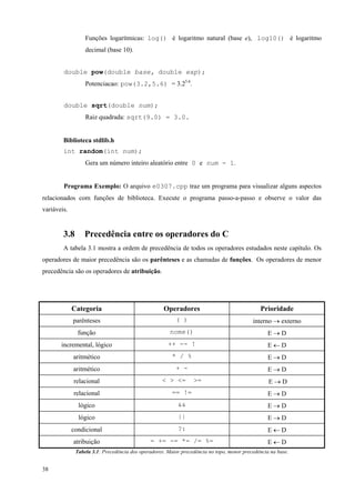 Funções logarítmicas: log() é logaritmo natural (base e), log10() é logaritmo
decimal (base 10).
double pow(double base, double exp);
Potenciacao: pow(3.2,5.6) = 3.25.6.
double sqrt(double num);
Raiz quadrada: sqrt(9.0) = 3.0.
Biblioteca stdlib.h
int random(int num);
Gera um número inteiro aleatório entre 0 e num - 1.
Programa Exemplo: O arquivo e0307.cpp traz um programa para visualizar alguns aspectos
relacionados com funções de biblioteca. Execute o programa passo-a-passo e observe o valor das
variáveis.

3.8

Precedência entre os operadores do C

A tabela 3.1 mostra a ordem de precedência de todos os operadores estudados neste capítulo. Os
operadores de maior precedência são os parênteses e as chamadas de funções. Os operadores de menor
precedência são os operadores de atribuição.

Categoria

Operadores

Prioridade

parênteses

( )

interno → externo

função

nome()

E→D

incremental, lógico

++ -- !

E←D

aritmético

* / %

E→D

aritmético

+ -

E→D

relacional

< > <=

>=

E→D

relacional

== !=

E→D

lógico

&&

E→D

lógico

||

E→D

condicional

?:

E←D

atribuição

= += -= *= /= %=

E←D

Tabela 3.1: Precedência dos operadores. Maior precedência no topo, menor precedência na base.

38

 