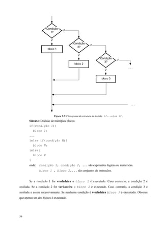 Condição
1?

F

V
bloco 1

Condição
2?

F

V
bloco 2

Condição
3?

F

V

...

bloco 3

...

Figura 5.5: Fluxograma da estrutura de decisão if...else if.

Sintaxe: Decisão de múltiplos blocos:
if(condição 1){
bloco 1;
...
}else if(condição N){
bloco N;
}else{
bloco P
}
onde: condição 1, condição 2, ... são expressões lógicas ou numéricas.
bloco 1 , bloco 2,... são conjuntos de instruções.
Se a condição 1 for verdadeira o bloco 1 é executado. Caso contrario, a condição 2 é
avaliada. Se a condição 2 for verdadeira o bloco 2 é executado. Caso contrario, a condição 3 é
avaliada e assim sucessivamente. Se nenhuma condição é verdadeira bloco P é executado. Observe
que apenas um dos blocos é executado.

56

 
