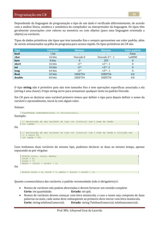 Programação em C#
Prof. MSc. Liluyoud Cury de Lacerda
36
Dependendo da linguagem de programação o tipo de um dado é verificado diferentemente, de acordo
com a análise léxica, sintática e semântica do compilador ou interpretador da linguagem. Os tipos têm
geralmente associações com valores na memória ou com objetos (para uma linguagem orientada a
objeto) ou variáveis.
Tipos de dados primitivos são tipos que tem tamanho fixo e sempre apresentam um valor padrão, além
de serem armazenados na pilha do programa para acesso rápido. Os tipos primitivos do C# são:
Tipo Tamanho Mínimo Máximo Valor padrão
bool 1 bit - - False
char 16 bits Unicode 0 Unicode 216 - 1 u0000
byte 8 bits 0 255 0
short 16 bits -215 +215 - 1 0
int 32 bits -231 +231 -1 0
long 64 bits -263 +263 - 1 0
float 32 bits 1EEE754 1EEE754 0.0
double 64 bits 1EEE754 1EEE754 0.0
O tipo string não é primitivo pois não tem tamanho fixo e tem operações específicas associada a ela
(string é uma classe). O tipo string serve para armazenar qualquer texto no padrão Unicode.
Em C# para se declarar uma variável primeiro temos que definir o tipo para depois definir o nome da
variável e opcionalmente, iniciá-la com algum valor.
Sintaxe:
TipoDeDado nomeDdaVariável [= valorInicial];
Exemplo:
// declaração de uma variável do tipo int (inteiro) com o nome de idade
int idade;
Ou
// declaração de uma variável do tipo int (inteiro) com o nome de idade e iniciada com
// o valor 20
int idade = 20;
Caso tenhamos duas variáveis do mesmo tipo, podemos declarar as duas ao mesmo tempo, apenas
separando-as por vírgulas:
double nota1, nota2, media;
nota1 = 8;
nota2 = 7;
media = (nota1 + nota2) / 2;
Ou
double nota1 = 8, nota2 = 7, media = (nota1 + nota2) / 2;
Quanto a nomenclatura das variáveis, o padrão recomendado (não é obrigatório) é:
 Nomes de variáveis não podem abreviadas e devem fornecer um sentido completo
Certo: int quantidade; Errado: int qtd;
 Nomes de variáveis devem começar com letra minúscula, e caso o nome seja composto de duas
palavras ou mais, cada nome deve subseqüente ao primeiro deve iniciar com letra maiúscula.
Certo: string telefoneComercial; Errado: string TelefoneComercial, telefonecomercial;
 