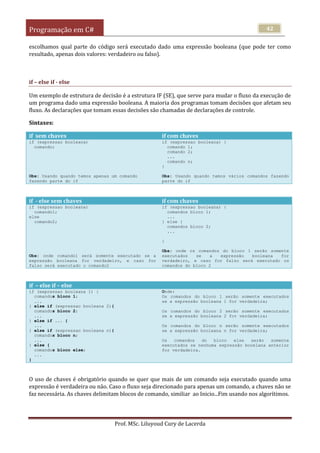 Programação em C#
Prof. MSc. Liluyoud Cury de Lacerda
42
escolhamos qual parte do código será executado dado uma expressão booleana (que pode ter como
resultado, apenas dois valores: verdadeiro ou falso).
if – else if - else
Um exemplo de estrutura de decisão é a estrutura IF (SE), que serve para mudar o fluxo da execução de
um programa dado uma expressão booleana. A maioria dos programas tomam decisões que afetam seu
fluxo. As declarações que tomam essas decisões são chamadas de declarações de controle.
Sintaxes:
if sem chaves if com chaves
if (expressao booleana)
comando;
Obs: Usando quando temos apenas um comando
fazendo parte do if
if (expressao booleana) {
comando 1;
comando 2;
...
comando n;
}
Obs: Usando quando temos vários comandos fazendo
parte do if
if - else sem chaves if com chaves
if (expressao booleana)
comando1;
else
comando2;
Obs: onde comando1 será somente executado se a
expressão booleana for verdadeiro, e caso for
falso será executado o comando2
if (expressao booleana) {
comandos bloco 1;
...
} else {
comandos bloco 2;
...
}
Obs: onde os comandos do bloco 1 serão somente
executados se a expressão booleana for
verdadeiro, e caso for falso será executado os
comandos do bloco 2
if – else if – else
if (expressao booleana 1) {
comandos bloco 1;
...
} else if (expressao booleana 2){
comandos bloco 2;
...
} else if ... {
...
} else if (expressao booleana n){
comandos bloco n;
...
} else {
comandos bloco else;
...
}
Onde:
Os comandos do bloco 1 serão somente executados
se a expressão booleana 1 for verdadeira;
Os comandos do bloco 2 serão somente executados
se a expressão booleana 2 for verdadeira;
Os comandos do bloco n serão somente executados
se a expressão booleana n for verdadeira;
Os comandos do bloco else serão somente
executados se nenhuma expressão booelana anterior
for verdadeira.
O uso de chaves é obrigatório quando se quer que mais de um comando seja executado quando uma
expressão é verdadeira ou não. Caso o fluxo seja direcionado para apenas um comando, a chaves não se
faz necessária. As chaves delimitam blocos de comando, similiar ao Inicio...Fim usando nos algorítimos.
 