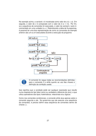 No exemplo acima, a vari´avel c ´e inicializada como valor de a (c = a). Em
seguida, o valor de c ´e comparado com o valor de b (c <= b). Por ﬁm,
se a sequˆencia de comandos foi executada, o valor da vari´avel c ser´a in-
crementado em uma unidade (c++). Relembrando a id´eia de ﬂuxogramas,
´e poss´ıvel ter uma boa representac¸ ˜ao de como os comandos do exemplo
anterior s˜ao um-a-um executados durante a execuc¸ ˜ao do programa:
O comando for segue todas as recomendac¸ ˜oes deﬁnidas
para o comando if e while quanto ao uso das chaves e
deﬁnic¸ ˜ao da condic¸ ˜ao usada.
Isso signiﬁca que a condic¸ ˜ao pode ser qualquer express˜ao que resulte
numa resposta do tipo falso (zero) ou verdadeiro (diferente de zero), e que
utiliza operadores dos tipos matem´aticos, relacionais e/ou l´ogicos.
Como nos comandos condicionais, o comando while atua apenas sobre o
comando seguinte a ele. Se quisermos que ele execute uma sequˆencia
de comandos, ´e preciso deﬁnir essa sequˆencia de comandos dentro de
chaves {}.
27
 