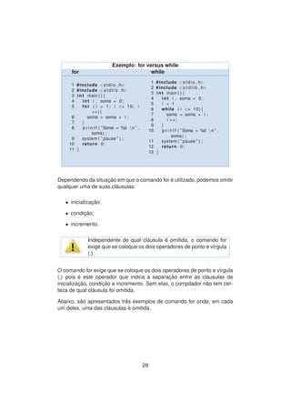Exemplo: for versus while
for while
1 #include <stdio . h>
2 #include <s t d l i b . h>
3 int main ( ) {
4 int i , soma = 0;
5 for ( i = 1; i <= 10; i
++){
6 soma = soma + i ;
7 }
8 p r i n t f ( ”Soma = %d n ” ,
soma) ;
9 system ( ” pause ” ) ;
10 return 0;
11 }
1 #include <stdio . h>
2 #include <s t d l i b . h>
3 int main ( ) {
4 int i , soma = 0;
5 i = 1
6 while ( i <= 10){
7 soma = soma + i ;
8 i ++;
9 }
10 p r i n t f ( ”Soma = %d n ” ,
soma) ;
11 system ( ” pause ” ) ;
12 return 0;
13 }
Dependendo da situac¸ ˜ao em que o comando for ´e utilizado, podemos omitir
qualquer uma de suas cl´ausulas:
• inicializac¸ ˜ao;
• condic¸ ˜ao;
• incremento.
Independente de qual cl´ausula ´e omitida, o comando for
exige que se coloque os dois operadores de ponto e v´ırgula
(;).
O comando for exige que se coloque os dois operadores de ponto e v´ırgula
(;) pois ´e este operador que indica a separac¸ ˜ao entre as cl´ausulas de
inicializac¸ ˜ao, condic¸ ˜ao e incremento. Sem elas, o compilador n˜ao tem cer-
teza de qual cl´ausula foi omitida.
Abaixo, s˜ao apresentados trˆes exemplos de comando for onde, em cada
um deles, uma das cl´ausulas ´e omitida.
28
 