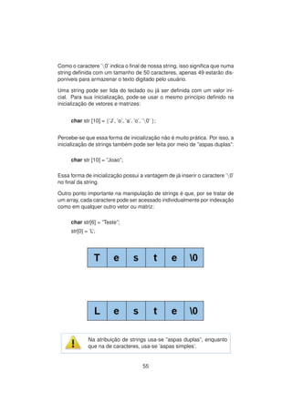 Como o caractere ’0’ indica o ﬁnal de nossa string, isso signiﬁca que numa
string deﬁnida com um tamanho de 50 caracteres, apenas 49 estar˜ao dis-
pon´ıveis para armazenar o texto digitado pelo usu´ario.
Uma string pode ser lida do teclado ou j´a ser deﬁnida com um valor ini-
cial. Para sua inicializac¸ ˜ao, pode-se usar o mesmo princ´ıpio deﬁnido na
inicializac¸ ˜ao de vetores e matrizes:
char str [10] = {’J’, ’o’, ’a’, ’o’, ’0’ };
Percebe-se que essa forma de inicializac¸ ˜ao n˜ao ´e muito pr´atica. Por isso, a
inicializac¸ ˜ao de strings tamb´em pode ser feita por meio de ”aspas duplas”:
char str [10] = ”Joao”;
Essa forma de inicializac¸ ˜ao possui a vantagem de j´a inserir o caractere ’0’
no ﬁnal da string.
Outro ponto importante na manipulac¸ ˜ao de strings ´e que, por se tratar de
um array, cada caractere pode ser acessado individualmente por indexac¸ ˜ao
como em qualquer outro vetor ou matriz:
char str[6] = ”Teste”;
str[0] = ’L’;
Na atribuic¸ ˜ao de strings usa-se ”aspas duplas”, enquanto
que na de caracteres, usa-se ’aspas simples’.
55
 