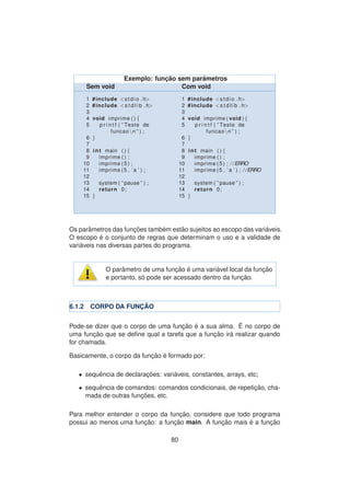 Exemplo: func¸ ˜ao sem parˆametros
Sem void Com void
1 #include <stdio . h>
2 #include <s t d l i b . h>
3
4 void imprime ( ) {
5 p r i n t f ( ” Teste de
funcaon ” ) ;
6 }
7
8 int main ( ) {
9 imprime ( ) ;
10 imprime (5) ;
11 imprime (5 , ’a ’ ) ;
12
13 system ( ” pause ” ) ;
14 return 0;
15 }
1 #include <stdio . h>
2 #include <s t d l i b . h>
3
4 void imprime ( void ) {
5 p r i n t f ( ” Teste de
funcaon ” ) ;
6 }
7
8 int main ( ) {
9 imprime ( ) ;
10 imprime (5) ; / /ERRO
11 imprime (5 , ’a ’ ) ; / /ERRO
12
13 system ( ” pause ” ) ;
14 return 0;
15 }
Os parˆametros das func¸ ˜oes tamb´em est˜ao sujeitos ao escopo das vari´aveis.
O escopo ´e o conjunto de regras que determinam o uso e a validade de
vari´aveis nas diversas partes do programa.
O parˆametro de uma func¸ ˜ao ´e uma vari´avel local da func¸ ˜ao
e portanto, s´o pode ser acessado dentro da func¸ ˜ao.
6.1.2 CORPO DA FUNC¸ ˜AO
Pode-se dizer que o corpo de uma func¸ ˜ao ´e a sua alma. ´E no corpo de
uma func¸ ˜ao que se deﬁne qual a tarefa que a func¸ ˜ao ir´a realizar quando
for chamada.
Basicamente, o corpo da func¸ ˜ao ´e formado por:
• sequˆencia de declarac¸ ˜oes: vari´aveis, constantes, arrays, etc;
• sequˆencia de comandos: comandos condicionais, de repetic¸ ˜ao, cha-
mada de outras func¸ ˜oes, etc.
Para melhor entender o corpo da func¸ ˜ao, considere que todo programa
possui ao menos uma func¸ ˜ao: a func¸ ˜ao main. A func¸ ˜ao mais ´e a func¸ ˜ao
80
 