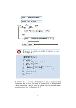O comando else n˜ao tem condic¸ ˜ao. Ele ´e o caso contr´ario
da condic¸ ˜ao do if.
1 #include <stdio . h>
2 #include <s t d l i b . h>
3 int main ( ) {
4 int num;
5 p r i n t f ( ” Digite um numero : ” ) ;
6 scanf ( ”%d ” , &num) ;
7 i f (num == 10){
8 p r i n t f ( ”O numero e igual a 10.n ” ) ;
9 } else (num != 10){ / /ERRO
10 p r i n t f ( ”O numero e d i f e r e n t e de 10.n ” ) ;
11 }
12 system ( ” pause ” ) ;
13 return 0;
14 }
O comando else deve ser ser entendido como sendo um complemento do
comando if. Ele diz quais comandos se deve executar se a condic¸ ˜ao do
comando if for falsa. Portanto, n˜ao ´e necess´ario estabelecer uma condic¸ ˜ao
para o comando else, ele ´e o oposto do if.
9
 