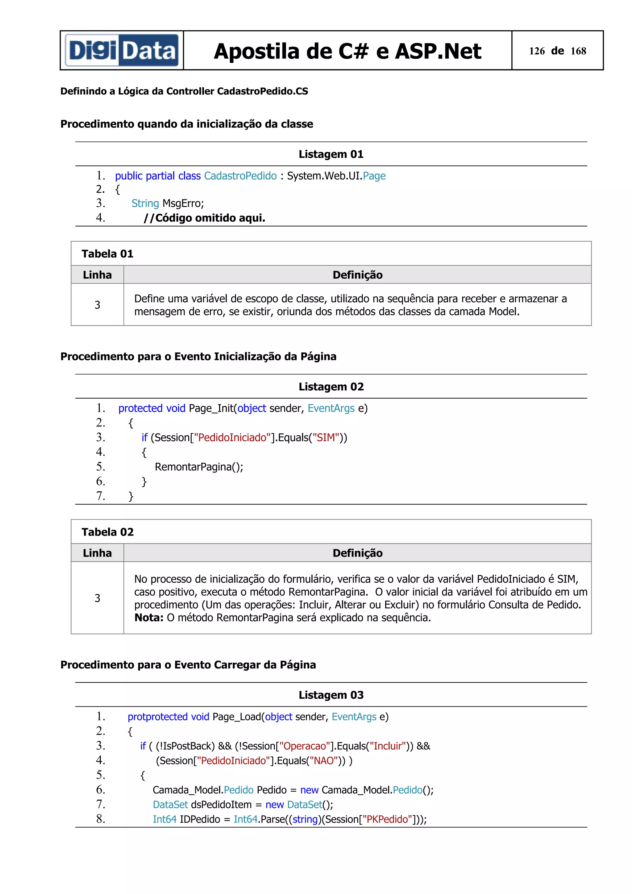 Apostila de C# e ASP.Net

126 de 168

Definindo a Lógica da Controller CadastroPedido.CS

Procedimento quando da inicialização da classe
Listagem 01

1. public partial class CadastroPedido : System.Web.UI.Page
2. {

3.
4.

String MsgErro;
//Código omitido aqui.

Tabela 01
Linha

Definição
Define uma variável de escopo de classe, utilizado na sequência para receber e armazenar a
mensagem de erro, se existir, oriunda dos métodos das classes da camada Model.

3

Procedimento para o Evento Inicialização da Página
Listagem 02

1.
2.
3.
4.
5.
6.
7.

protected void Page_Init(object sender, EventArgs e)
{
if (Session["PedidoIniciado"].Equals("SIM"))
{
RemontarPagina();
}
}

Tabela 02
Linha

3

Definição
No processo de inicialização do formulário, verifica se o valor da variável PedidoIniciado é SIM,
caso positivo, executa o método RemontarPagina. O valor inicial da variável foi atribuído em um
procedimento (Um das operações: Incluir, Alterar ou Excluir) no formulário Consulta de Pedido.
Nota: O método RemontarPagina será explicado na sequência.

Procedimento para o Evento Carregar da Página
Listagem 03

1.
2.
3.
4.
5.
6.
7.
8.

protprotected void Page_Load(object sender, EventArgs e)
{
if ( (!IsPostBack) && (!Session["Operacao"].Equals("Incluir")) &&
(Session["PedidoIniciado"].Equals("NAO")) )
{
Camada_Model.Pedido Pedido = new Camada_Model.Pedido();
DataSet dsPedidoItem = new DataSet();
Int64 IDPedido = Int64.Parse((string)(Session["PKPedido"]));

 