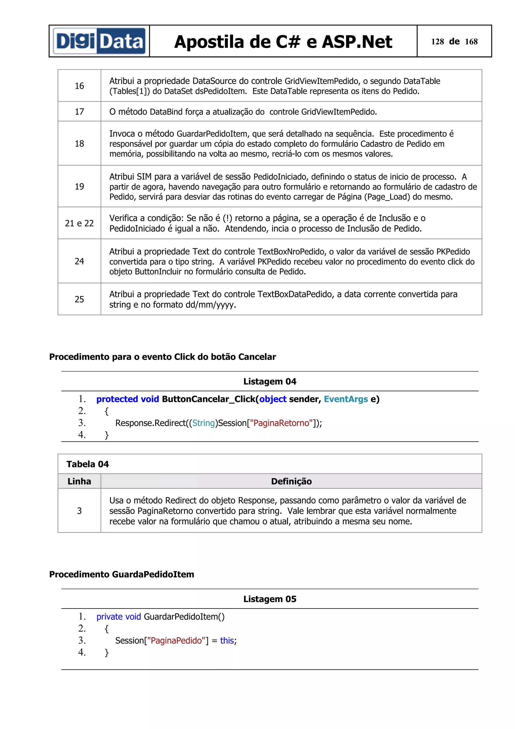 Apostila de C# e ASP.Net

128 de 168

Atribui a propriedade DataSource do controle GridViewItemPedido, o segundo DataTable

16

(Tables[1]) do DataSet dsPedidoItem. Este DataTable representa os itens do Pedido.

17

O método DataBind força a atualização do controle GridViewItemPedido.
Invoca o método GuardarPedidoItem, que será detalhado na sequência. Este procedimento é

18

responsável por guardar um cópia do estado completo do formulário Cadastro de Pedido em
memória, possibilitando na volta ao mesmo, recriá-lo com os mesmos valores.

Atribui SIM para a variável de sessão PedidoIniciado, definindo o status de inicio de processo. A

19

partir de agora, havendo navegação para outro formulário e retornando ao formulário de cadastro de
Pedido, servirá para desviar das rotinas do evento carregar de Página (Page_Load) do mesmo.

Verifica a condição: Se não é (!) retorno a página, se a operação é de Inclusão e o
PedidoIniciado é igual a não. Atendendo, incia o processo de Inclusão de Pedido.

21 e 22

Atribui a propriedade Text do controle TextBoxNroPedido, o valor da variável de sessão PKPedido

24

convertida para o tipo string. A variável PKPedido recebeu valor no procedimento do evento click do
objeto ButtonIncluir no formulário consulta de Pedido.

Atribui a propriedade Text do controle TextBoxDataPedido, a data corrente convertida para
string e no formato dd/mm/yyyy.

25

Procedimento para o evento Click do botão Cancelar
Listagem 04

1. protected void ButtonCancelar_Click(object sender, EventArgs e)
2.
{
3.
Response.Redirect((String)Session["PaginaRetorno"]);
4.
}
Tabela 04
Linha
3

Definição
Usa o método Redirect do objeto Response, passando como parâmetro o valor da variável de
sessão PaginaRetorno convertido para string. Vale lembrar que esta variável normalmente
recebe valor na formulário que chamou o atual, atribuindo a mesma seu nome.

Procedimento GuardaPedidoItem
Listagem 05

1.
2.
3.
4.

private void GuardarPedidoItem()
{
Session["PaginaPedido"] = this;
}

 