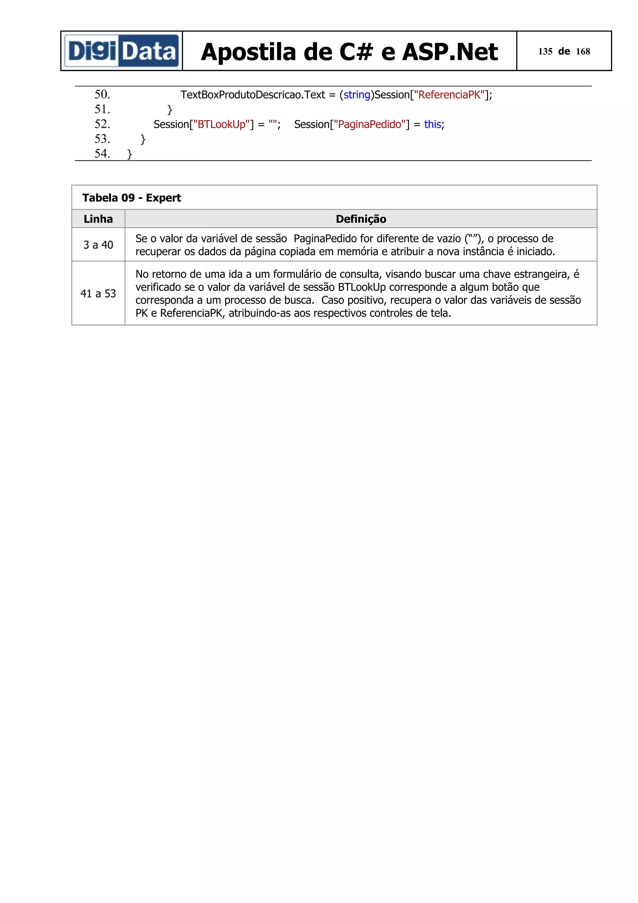 Apostila de C# e ASP.Net
50.
51.
52.
53.
54.

135 de 168

TextBoxProdutoDescricao.Text = (string)Session["ReferenciaPK"];
}
Session["BTLookUp"] = "";

Session["PaginaPedido"] = this;

}
}

Tabela 09 - Expert
Linha

Definição

3 a 40

Se o valor da variável de sessão PaginaPedido for diferente de vazio (“”), o processo de
recuperar os dados da página copiada em memória e atribuir a nova instância é iniciado.

41 a 53

No retorno de uma ida a um formulário de consulta, visando buscar uma chave estrangeira, é
verificado se o valor da variável de sessão BTLookUp corresponde a algum botão que
corresponda a um processo de busca. Caso positivo, recupera o valor das variáveis de sessão
PK e ReferenciaPK, atribuindo-as aos respectivos controles de tela.

 