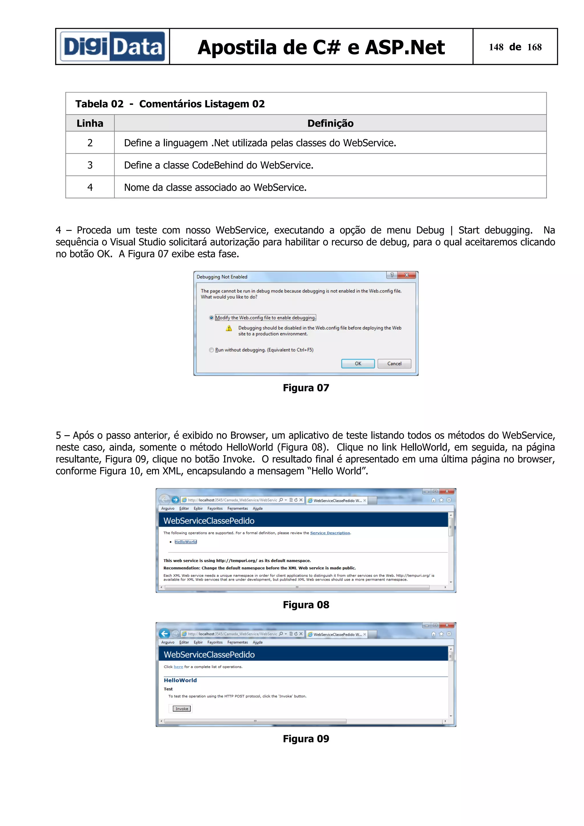 Apostila de C# e ASP.Net

148 de 168

Tabela 02 - Comentários Listagem 02
Linha

Definição

2

Define a linguagem .Net utilizada pelas classes do WebService.

3

Define a classe CodeBehind do WebService.

4

Nome da classe associado ao WebService.

4 – Proceda um teste com nosso WebService, executando a opção de menu Debug | Start debugging. Na
sequência o Visual Studio solicitará autorização para habilitar o recurso de debug, para o qual aceitaremos clicando
no botão OK. A Figura 07 exibe esta fase.

Figura 07

5 – Após o passo anterior, é exibido no Browser, um aplicativo de teste listando todos os métodos do WebService,
neste caso, ainda, somente o método HelloWorld (Figura 08). Clique no link HelloWorld, em seguida, na página
resultante, Figura 09, clique no botão Invoke. O resultado final é apresentado em uma última página no browser,
conforme Figura 10, em XML, encapsulando a mensagem “Hello World”.

Figura 08

Figura 09

 