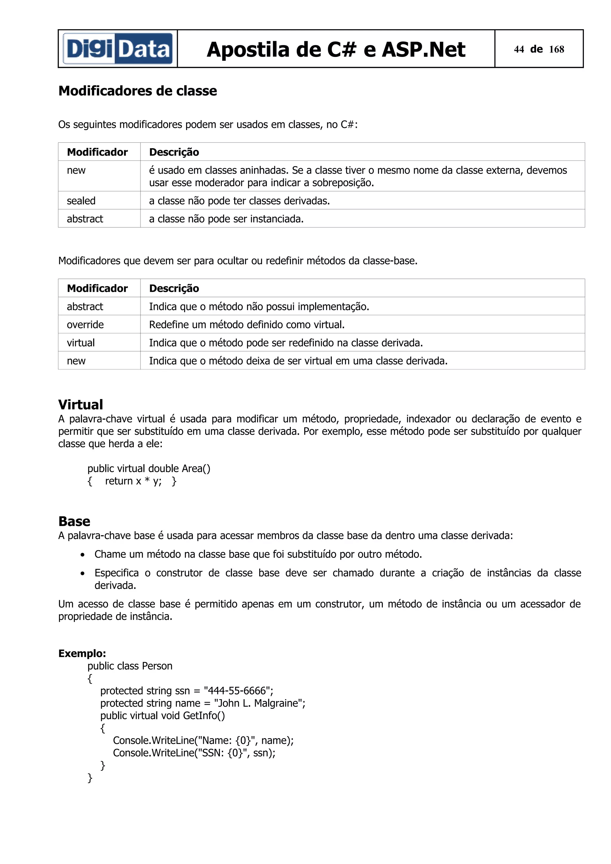 Apostila de C# e ASP.Net

44 de 168

Modificadores de classe
Os seguintes modificadores podem ser usados em classes, no C#:
Modificador

Descrição

new

é usado em classes aninhadas. Se a classe tiver o mesmo nome da classe externa, devemos
usar esse moderador para indicar a sobreposição.

sealed

a classe não pode ter classes derivadas.

abstract

a classe não pode ser instanciada.

Modificadores que devem ser para ocultar ou redefinir métodos da classe-base.
Modificador

Descrição

abstract

Indica que o método não possui implementação.

override

Redefine um método definido como virtual.

virtual

Indica que o método pode ser redefinido na classe derivada.

new

Indica que o método deixa de ser virtual em uma classe derivada.

Virtual
A palavra-chave virtual é usada para modificar um método, propriedade, indexador ou declaração de evento e
permitir que ser substituído em uma classe derivada. Por exemplo, esse método pode ser substituído por qualquer
classe que herda a ele:
public virtual double Area()
{ return x * y; }

Base
A palavra-chave base é usada para acessar membros da classe base da dentro uma classe derivada:
• Chame um método na classe base que foi substituído por outro método.
• Especifica o construtor de classe base deve ser chamado durante a criação de instâncias da classe
derivada.
Um acesso de classe base é permitido apenas em um construtor, um método de instância ou um acessador de
propriedade de instância.
Exemplo:
public class Person
{
protected string ssn = "444-55-6666";
protected string name = "John L. Malgraine";
public virtual void GetInfo()
{
Console.WriteLine("Name: {0}", name);
Console.WriteLine("SSN: {0}", ssn);
}
}

 