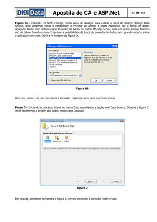 Apostila de C# e ASP.Net

62 de 168

Figura 04 - Clicando no botão Change, nesta caixa de dialogo, será exibido a caixa de dialogo Change Data
Source, onde podemos trocar o estabelecer o Provider de acesso a dados específico par o banco de dados
desejado. Neste caso optamos pelo Provider do banco de dados MS-SQL Server, mas em outras etapas faremos
uso de outros Providers para comprovar a possibilidade de troca de provedor de dados, sem grande impacto sobre
a aplicação num todo. Confira na imagem da figura 06.

Figura 06
Uma vez criado o nó que representa a conexão, podemos partir para a próxima etapa.
Passo 05: Iniciando o processo, clique no menu Data, escolhendo a opção New Data Source. Observe a figura 7,
onde escolhemos a origem dos dados, neste caso Database
.

Figura 7

Em seguida, conforme demonstra a figura 8, iremos selecionar a conexão recém-criada.

 