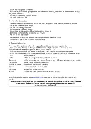 - clicar em "Posição e Tamanho" 
- Abrir-se-á uma janela, que permite correções em Posição, Tamanho e, dependendo do tipo 
de gráfico escolhido, 
- Rotação e Inclinar / Raio do ângulo 
- No final, clicar em "Ok" 
3. Intervalos dos dados 
- Vendo o contorno acinzentado, clicar em cima do gráfico com o botão direito do mouse 
- clicar em "Intervalos de dados" 
- Na aba "Intervalo de dados" 
- apontar onde estão os dados, 
- determinar se os dados estão em colunas ou linhas e 
- definir se primeira linha ou coluna são rótulos 
- Na aba "Série de dados" 
- definir onde foi digitado o nome da variável e onde estão os dados 
- no campo "Categorias" pode-se definir rótulos. 
4. Qualquer elemento 
Tudo no gráfico pode ser alterado: a posição, os títulos, a área ocupada etc. 
- Clicar em cima do que se deseja modificar com o botão direito do mouse (a área 
efetivamente ocupada pelo gráfico, título, eixos, escala, ...) 
Clicar em "Propriedades do Objeto" e abrir-se-á uma janela, que permite correções. 
- Notar que, dependendo do que tiver sido selecionado a janela pode conter diferentes abas: 
Guia Permite alterar 
Linha estilo, cor, largura e transparência da linha 
Contorno estilo, cor, largura e transparência de um retângulo que contorna o objeto 
Caracteres cores, tipo e tamanho das letras. 
Efeitos de fonte sublinhado, hachurado e relevo 
Escala permite estabelecer intervalos 
Números categorias, casas decimais 
Rótulo exibição ou não, ordenamento e ângulo de giro 
Relembrando algo que foi dito anteriormente, quando se cria um gráfico deve-se ter em 
mente: 
Toda representação gráfica deve apresentar títulos (principal e dos eixos), escala e 
origem dos dados de forma clara e explicativa, dispensando qualquer 
esclarecimento adicional. 
