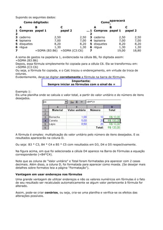 Supondo os seguintes dados: 
aparecerá 
: 
Como édigitado: Como 
A B C A B C 
1 Compras papel 1 papel 2 ...1 Compras papel 1 papel 2 
2 2 
3 caderno 2,50 2,50 3 caderno 2,50 2,50 
4 lapiseira 7,00 7,00 4 lapiseira 7,00 7,00 
5 disquetes 8,20 8,20 5 disquetes 8,20 8,20 
6 régua 1,30 1,30 6 régua 1,30 1,30 
7 =SOMA (B3:B6) =SOMA (C3:C6) 7 19,00 18,80 
A soma de gastos na papelaria 1, evidenciada na célula B6, foi digitada assim: 
=SOMA (B3:B6) 
Depois, essa fórmula simplesmente foi copiada para a célula C6. Ela se transformou em: 
=SOMA (C3:C6) 
Ou seja, a fórmula foi copiada, e o Calc trocou o endereçamento, em virtude da troca de 
colunas. 
Evidentemente, deve-se digitar corretamente a fórmula na barra de fórmulas. 
Importante: 
Sempre iniciar as fórmulas com o sinal de = 
Exemplo 1: 
Eis uma planilha onde se calcula o valor total, a partir do valor unitário e do número de itens 
desejados. 
A fórmula é simples: multiplicação do valor unitário pelo número de itens desejados. E os 
resultados aparecerão na coluna D. 
Ou seja: B3 * C3, B4 * C4 e B5 * C5 com resultados em D3, D4 e D5 respectivamente. 
Na figura acima, em que foi selecionada a célula D4 aparece na Barra de Fórmulas a equação 
correspondente (=B4*C4). 
Note que as coluna de "Valor unitário" e Total foram formatadas pra aparecer com 2 casas 
decimais. Além disso, a coluna D, foi formatada para aparecer como moeda. (Se desejar mais 
detalhes sobre formatos leia a página "Formatação"). 
Vantagem em usar endereços nas fórmulas 
Uma grande vantagem de utilizar endereços e não os valores numéricos em fórmulas é o fato 
de seu resultado ser recalculado automaticamente se algum valor pertencente à fórmula for 
alterado. 
Assim, pode-se criar cenários, ou seja, cria-se uma planilha e verifica-se os efeitos das 
alterações possíveis. 
 