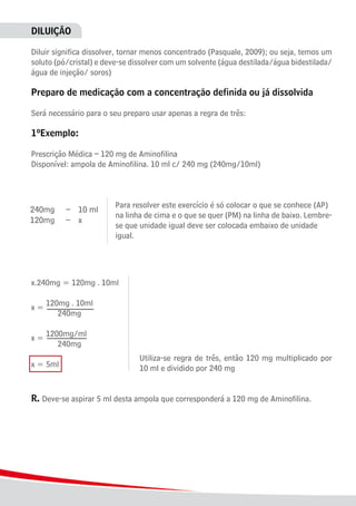 26
DILUIÇÃO
Diluir significa dissolver, tornar menos concentrado (Pasquale, 2009); ou seja, temos um
soluto (pó/cristal) e deve-se dissolver com um solvente (água destilada/água bidestilada/
água de injeção/ soros)
Preparo de medicação com a concentração definida ou já dissolvida
Será necessário para o seu preparo usar apenas a regra de três:
1ºExemplo:
Prescrição Médica – 120 mg de Aminofilina
Disponível: ampola de Aminofilina. 10 ml c/ 240 mg (240mg/10ml)
							 Para resolver este exercício é só colocar o que se conhece (AP)
							 na linha de cima e o que se quer (PM) na linha de baixo. Lembre-
							 se que unidade igual deve ser colocada embaixo de unidade
							 igual.
									
									
									 Utiliza-se regra de três, então 120 mg multiplicado por
									 10 ml e dividido por 240 mg
R. Deve-se aspirar 5 ml desta ampola que corresponderá a 120 mg de Aminofilina.
 