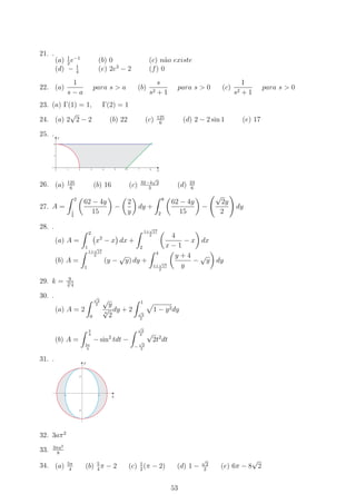 21. .
(a) 1
2
e−1
(b) 0 (c) não existe
(d) − 1
4
(e) 2e3
− 2 (f) 0
22. (a)
1
s − a
para s  a (b)
s
s2 + 1
para s  0 (c)
1
s2 + 1
para s  0
23. (a) Γ(1) = 1, Γ(2) = 1
24. (a) 2
√
2 − 2 (b) 22 (c) 125
6
(d) 2 − 2 sin 1 (e) 17
25. .
y
x
26. (a) 125
6
(b) 16 (c) 32−4
√
2
3
(d) 23
6
27. A =
∫ 2
1
2
(
62 − 4y
15
)
−
(
2
y
)
dy +
∫ 8
2
(
62 − 4y
15
)
−
(√
2y
2
)
dy
28. .
(a) A =
∫ 2
1
(
x2
− x
)
dx +
∫ 1+
√
17
2
2
(
4
x − 1
− x
)
dx
(b) A =
∫ 1+
√
17
2
1
(y −
√
y) dy +
∫ 4
1+
√
17
2
(
y + 4
y
−
√
y
)
dy
29. k = 9
3
√
4
30. .
(a) A = 2
∫ √
2
2
0
√
y
4
√
2
dy + 2
∫ 1
√
2
2
√
1 − y2dy
(b) A =
∫ π
4
3π
4
− sin2
tdt −
∫ √
2
2
−
√
2
2
√
2t2
dt
31. .
y
x
32. 3aπ2
33.
3πa2
8
34. (a) 5π
4
(b) 5
4
π − 2 (c) 1
2
(π − 2) (d) 1 −
√
2
2
(e) 6π − 8
√
2
53
 