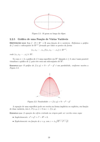 y
x
Figura 2.1: 16 graus ao longo da elipse.
2.2.5 Gráco de uma Função de Várias Variáveis
DEFINIÇÃO 2.2.6 Seja f : D ⊂ Rn
→ R uma função de n variáveis. Denimos o gráco
de f como o subconjunto de Rn+1
formado por todos os pontos da forma
(x1, x2, · · · , xn, f(x1, x2, · · · , xn)) ⊂ Rn+1
,
onde (x1, x2, · · · , xn) ∈ Rn
.
No caso n = 2, o gráco de f é uma superfície em R3
. Quando n ≥ 3, não é mais possível
visualizar o gráco de f, pois este será um subconjunto de R4
.
EXEMPLO 2.2.7 O gráco de f (x, y) = 9 − x2
− y2
é um parabolóide, conforme mostra a
Figura 2.2.
Figura 2.2: Parabolóide z = f(x, y) = 9 − x2
− y2
A equação de uma superfície pode ser escrita na forma implícita ou explícita, em função
de duas variáveis, isto é, F(x, y, z) = 0 ou z = f(x, y).
EXEMPLO 2.2.8 A equação da esfera centrada na origem pode ser escrita como segue
• Implicitamente: x2
+ y2
+ z2
− R2
= 0.
• Explicitamente em função de x e y, com z = ±
√
R2 − x2 − y2.
59
 