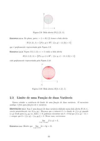 y
x
Figura 2.9: Bola aberta B ((1, 2) , 1) .
EXEMPLO 2.2.14 No plano, para ε = 1 e A(1, 2) temos a bola aberta
B ((1, 2) , 1) =
{
P(x, y) ∈ R2
; ||(x, y) − (1, 2)||  1
}
que é gracamente representada pela Figura 2.9.
EXEMPLO 2.2.15 Sejam A (1, 1, 2) e ε = 1 então a bola aberta
B((1, 1, 2) , 1) =
{
P(x, y, z) ∈ R3
; ||(x, y, z) − (1, 1, 2)||  1
}
está gracamente representada pela Figura 2.10.
z
y
x
Figura 2.10: Bola aberta B((1, 1, 2) , 1)
2.3 Limite de uma Função de duas Variáveis
Vamos estudar a existência do limite de uma função de duas variáveis. O raciocínio
análogo é feito para funções de n variáveis.
DEFINIÇÃO 2.3.1 Seja f uma função de duas variáveis denida numa bola aberta B (A, r) ,
exceto possivelmente em A (x0, y0) . Dizemos que o número L é o limite de f (x, y) quando
(x, y) tende para (x0, y0) se, dado ε  0, podemos encontrar um δ  0 tal que |f (x, y) − L| 
ε sempre que 0  ||(x, y) − (x0, y0)||  δ. Nesse caso, escrevemos
lim
(x,y)→(x0,y0)
f (x, y) = L.
EXEMPLO 2.3.2 Mostre que lim
(x,y)→(1,3)
2x + 3y = 11.
64
 