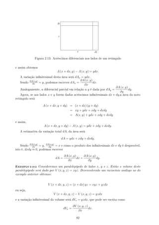 Figura 2.13: Acréscimos diferenciais nos lados de um retângulo
e assim obtemos
A (x + dx, y) − A (x, y) = ydx.
A variação innitesimal desta área será dAx = ydx.
Sendo
∂A(x,y)
∂x
= y, podemos escrever dAx =
∂A (x, y)
∂x
dx.
Analogamente, a diferencial parcial em relação a y é dada por dAy =
∂A (x, y)
∂y
dy.
Agora, se aos lados x e y forem dados acréscimos innitesimais dx e dy,a área do novo
retângulo será
A (x + dx, y + dy) = (x + dx) (y + dy)
= xy + ydx + xdy + dxdy
= A(x, y) + ydx + xdy + dxdy
e assim,
A (x + dx, y + dy) − A (x, y) = ydx + xdy + dxdy.
A estimativa da variação total dA, da área será
dA = ydx + xdy + dxdy.
Sendo
∂A(x,y)
∂x
= y,
∂A(x,y)
∂y
= x e como o produto dos innitesimais dx e dy é desprezível,
isto é, dxdy ≈ 0, podemos escrever
dA =
∂A (x, y)
∂x
dx +
∂A (x, y)
∂y
dy.
EXEMPLO 2.10.2 Consideremos um paralelepípedo de lados x, y e z. Então o volume deste
paralelepípedo será dado por V (x, y, z) = xyz. Desenvolvendo um raciocínio análogo ao do
exemplo anterior obtemos:
V (x + dx, y, z) = (x + dx) yz = xyz + yzdx
ou seja,
V (x + dx, y, z) − V (x, y, z) = yzdx
e a variação innitesimal do volume será dVx = yzdx, que pode ser escrita como
dVx =
∂V (x, y, z)
∂x
dx.
82
 
