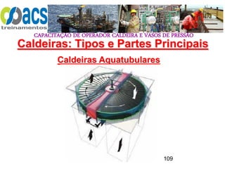 CAPACITAÇÃO DE OPERADOR CALDEIRA E VASOS DE PRESSÃO
109
Caldeiras Aquatubulares
Caldeiras: Tipos e Partes Principais
 