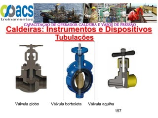 CAPACITAÇÃO DE OPERADOR CALDEIRA E VASOS DE PRESSÃO
157
Tubulações
Caldeiras: Instrumentos e Dispositivos
Válvula globo Válvula borboleta Válvula agulha
 