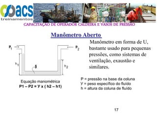 CAPACITAÇÃO DE OPERADOR CALDEIRA E VASOS DE PRESSÃO
17
Manômetro em forma de U,
bastante usado para pequenas
pressões, como sistemas de
ventilação, exaustão e
similares.
Equação manométrica
P = pressão na base da coluna
У = peso específico do fluído
h = altura da coluna de fluído
Manômetro Aberto
P1 – P2 = У x ( h2 – h1)
 