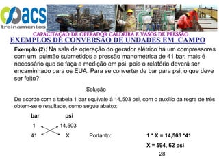 CAPACITAÇÃO DE OPERADOR CALDEIRA E VASOS DE PRESSÃO
28
EXEMPLOS DE CONVERSÃO DE UNDADES EM CAMPO
Exemplo (2): Na sala de operação do gerador elétrico há um compressores
com um pulmão submetidos a pressão manométrica de 41 bar, mais é
necessário que se faça a medição em psi, pois o relatório deverá ser
encaminhado para os EUA. Para se converter de bar para psi, o que deve
ser feito?
Solução
De acordo com a tabela 1 bar equivale à 14,503 psi, com o auxílio da regra de três
obtem-se o resultado, como segue abaixo:
bar psi
1 14,503
41 X Portanto: 1 * X = 14,503 *41
X = 594, 62 psi
 