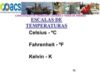 CAPACITAÇÃO DE OPERADOR CALDEIRA E VASOS DE PRESSÃO
38
ESCALAS DE
TEMPERATURAS
Celsius - ºC
Fahrenheit - ºF
Kelvin - K
 