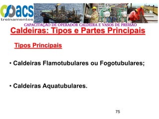 CAPACITAÇÃO DE OPERADOR CALDEIRA E VASOS DE PRESSÃO
75
Caldeiras: Tipos e Partes Principais
Tipos Principais
• Caldeiras Flamotubulares ou Fogotubulares;
• Caldeiras Aquatubulares.
 