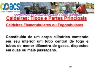 CAPACITAÇÃO DE OPERADOR CALDEIRA E VASOS DE PRESSÃO
76
Caldeiras Flamotubulares ou Fogotubulares
Constituída de um corpo cilíndrico contendo
em seu interior um tubo central de fogo e
tubos de menor diâmetro de gases, dispostos
em duas ou mais passagens.
Caldeiras: Tipos e Partes Principais
 