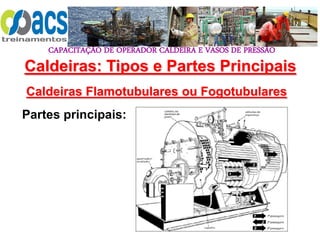 CAPACITAÇÃO DE OPERADOR CALDEIRA E VASOS DE PRESSÃO
89
Caldeiras Flamotubulares ou Fogotubulares
Partes principais:
Caldeiras: Tipos e Partes Principais
 
