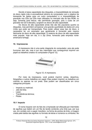 ESCOLA AGROTÉCNICA FEDERAL DE ALEGRE – EAFA / TÉC. EM INFORMÁTICA / SISTEMAS OPERACIONAIS
Professor Alexandre Rosa dos Santos (Engenheiro Agrônomo – UFES, Mestre Meteorologia Agrícola –UFV,
Doutorando Engenharia Agrícola – UFV) e-mail: arsantos@alunos.ufv.br
12
Devido à baixa capacidade dos disquetes, a impossibilidade de remoção
do disco rígido (não é aconselhável retirá-lo do computador com o objetivo de
transporte de dados para um outro computador) e a impossibilidade de
gravação nos CDs (os CDs mais utilizados no mercado são do tipo ROM, ou
seja, somente para leitura, não permitindo gravação, pois o custo de um
gravador de CD é elevado), surgiram os discos de alta capacidade.
Os discos de alta capacidade ainda não são tão populares quanto os
disquetes, mas permitem armazenar uma grande quantidade de dados em uma
mídia que pode ser transportada. Para poder utilizar esse tipo de disco, é
necessário ter um acionador que geralmente é fornecido pelo mesmo
fabricante do disco de alta capacidade. O sistema de disco de alta capacidade
mais popular, hoje em dia, é o Zip Drive, fornecido pela empresa norte-
americana Iomega.
10. Impressoras
A impressora não é uma parte integrante do computador, pois ele pode
funcionar sem ela, mas é por seu intermédio que conseguimos imprimir em
papel os trabalhos criados no computador (Figura 12).
Figura 12. A impressora.
Por meio da impressora, você poderá imprimir cartas, desenhos,
fotografias e outros trabalhos em papel. Elas podem imprimir os trabalhos em
colorido ou apenas na cor preta. Elas podem ser classificadas em cinco
categorias principais:
• Impacto ou matricial;
• Jato de tinta;
• Laser;
• Transferência térmica;
• Plotter.
10.1 Impacto
O nome impacto vem do fato de a impressão ser efetuada por intermédio
de agulhas que batem em um fita de tecido contendo uma tinta que, por sua
vez, em contato com o papel, transfere, na forma de pontos de tinta, a imagem
criada pela batida das agulhas no formato de letras e números ou símbolos. No
 