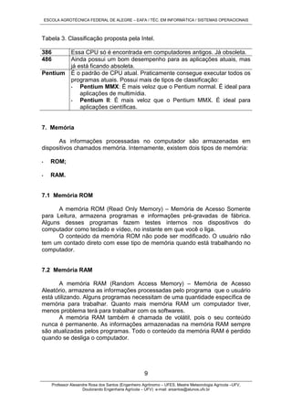 ESCOLA AGROTÉCNICA FEDERAL DE ALEGRE – EAFA / TÉC. EM INFORMÁTICA / SISTEMAS OPERACIONAIS
Professor Alexandre Rosa dos Santos (Engenheiro Agrônomo – UFES, Mestre Meteorologia Agrícola –UFV,
Doutorando Engenharia Agrícola – UFV) e-mail: arsantos@alunos.ufv.br
9
Tabela 3. Classificação proposta pela Intel.
386 Essa CPU só é encontrada em computadores antigos. Já obsoleta.
486 Ainda possui um bom desempenho para as aplicações atuais, mas
já está ficando absoleta.
Pentium É o padrão de CPU atual. Praticamente consegue executar todos os
programas atuais. Possui mais de tipos de classificação:
• Pentium MMX: É mais veloz que o Pentium normal. É ideal para
aplicações de multimídia.
• Pentium II: É mais veloz que o Pentium MMX. É ideal para
aplicações científicas.
7. Memória
As informações processadas no computador são armazenadas em
dispositivos chamados memória. Internamente, existem dois tipos de memória:
• ROM;
• RAM.
7.1 Memória ROM
A memória ROM (Read Only Memory) – Memória de Acesso Somente
para Leitura, armazena programas e informações pré-gravadas de fábrica.
Alguns desses programas fazem testes internos nos dispositivos do
computador como teclado e vídeo, no instante em que você o liga.
O conteúdo da memória ROM não pode ser modificado. O usuário não
tem um contado direto com esse tipo de memória quando está trabalhando no
computador.
7.2 Memória RAM
A memória RAM (Random Access Memory) – Memória de Acesso
Aleatório, armazena as informações processadas pelo programa que o usuário
está utilizando. Alguns programas necessitam de uma quantidade específica de
memória para trabalhar. Quanto mais memória RAM um computador tiver,
menos problema terá para trabalhar com os softwares.
A memória RAM também é chamada de volátil, pois o seu conteúdo
nunca é permanente. As informações armazenadas na memória RAM sempre
são atualizadas pelos programas. Todo o conteúdo da memória RAM é perdido
quando se desliga o computador.
 