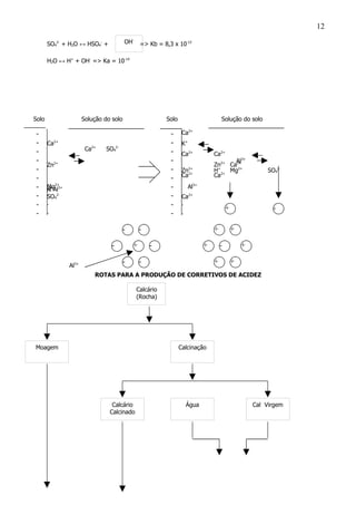 OH-
Solo SoloSolução do solo Solução do solo
H+
Ca2+
K+
Zn2+
Al3+Mg2+
SO4
2-
Ca2+
K+
Zn2+
Al3+
Ca2+
Ca2+
Ca2+
Ca2+
SO4
2-
H+
Zn2+ Al3+
Mg2+
Ca2+
Ca2+
Ca2+
SO4
2-
-
-
-
-
-
-
-
-
-
-
-
-
-
-
-
-
-
-
-
-
.
.
.
.
-+
+ +
+
++
++ -
- -
-
--
-
Al3+
Calcário
(Rocha)
Moagem Calcinação
Calcário
Calcinado
Água Cal Virgem
SO4
2-
+ H2O ↔ HSO4
-
+ => Kb = 8,3 x 10-13
H2O ↔ H+
+ OH-
=> Ka = 10-14
ROTAS PARA A PRODUÇÃO DE CORRETIVOS DE ACIDEZ
12
 